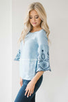 Embroidered Chambray Bell Sleeve Top Tops vendor-unknown
