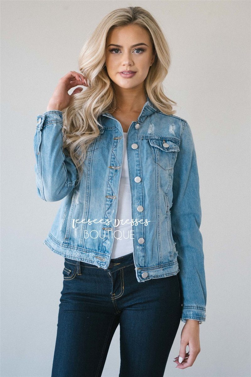 Light Denim Distressed Jean Jacket Tops vendor-unknown Light Denim S