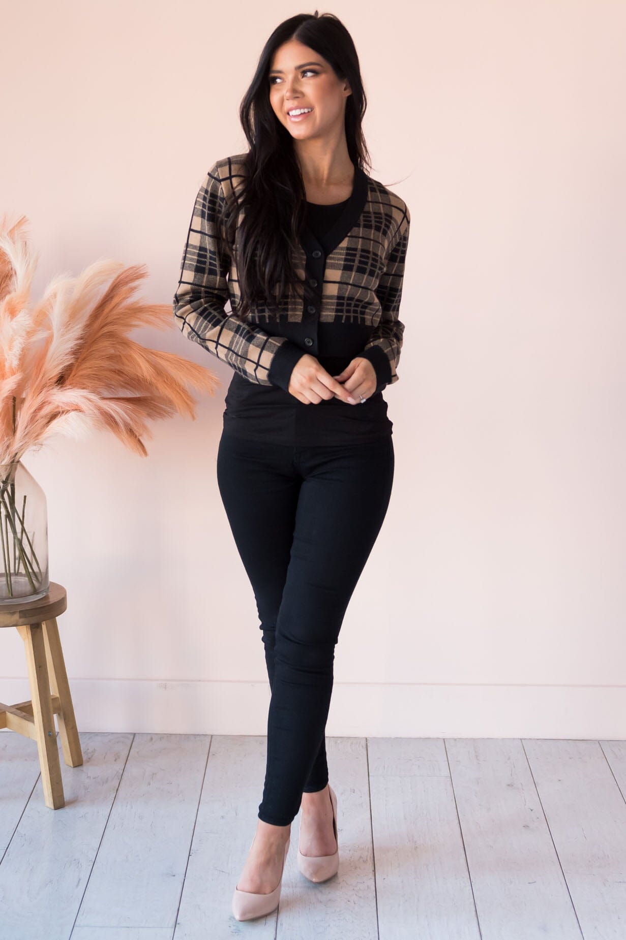 Fashionably Plaid Modest Cropped Cardigan Modest Dresses vendor-unknown