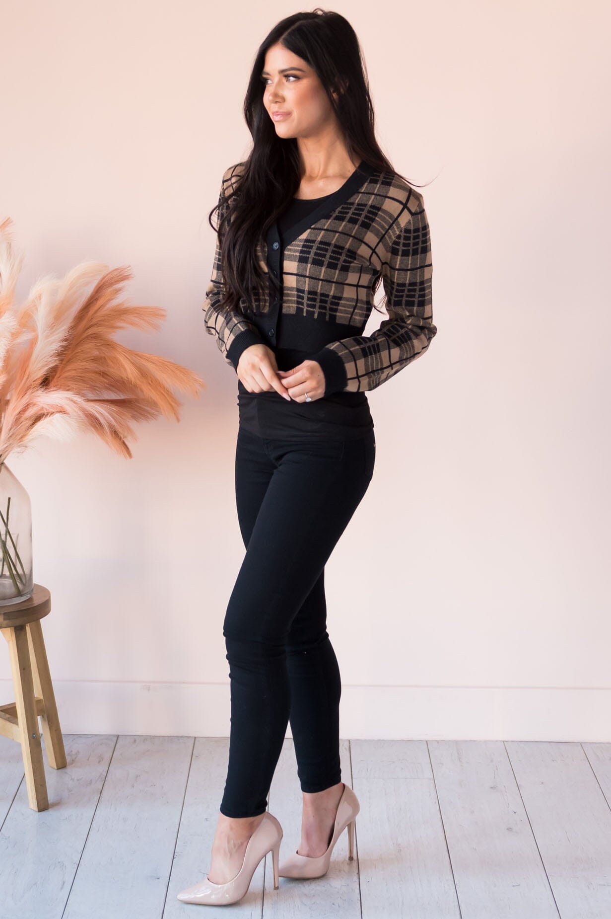 Fashionably Plaid Modest Cropped Cardigan Modest Dresses vendor-unknown