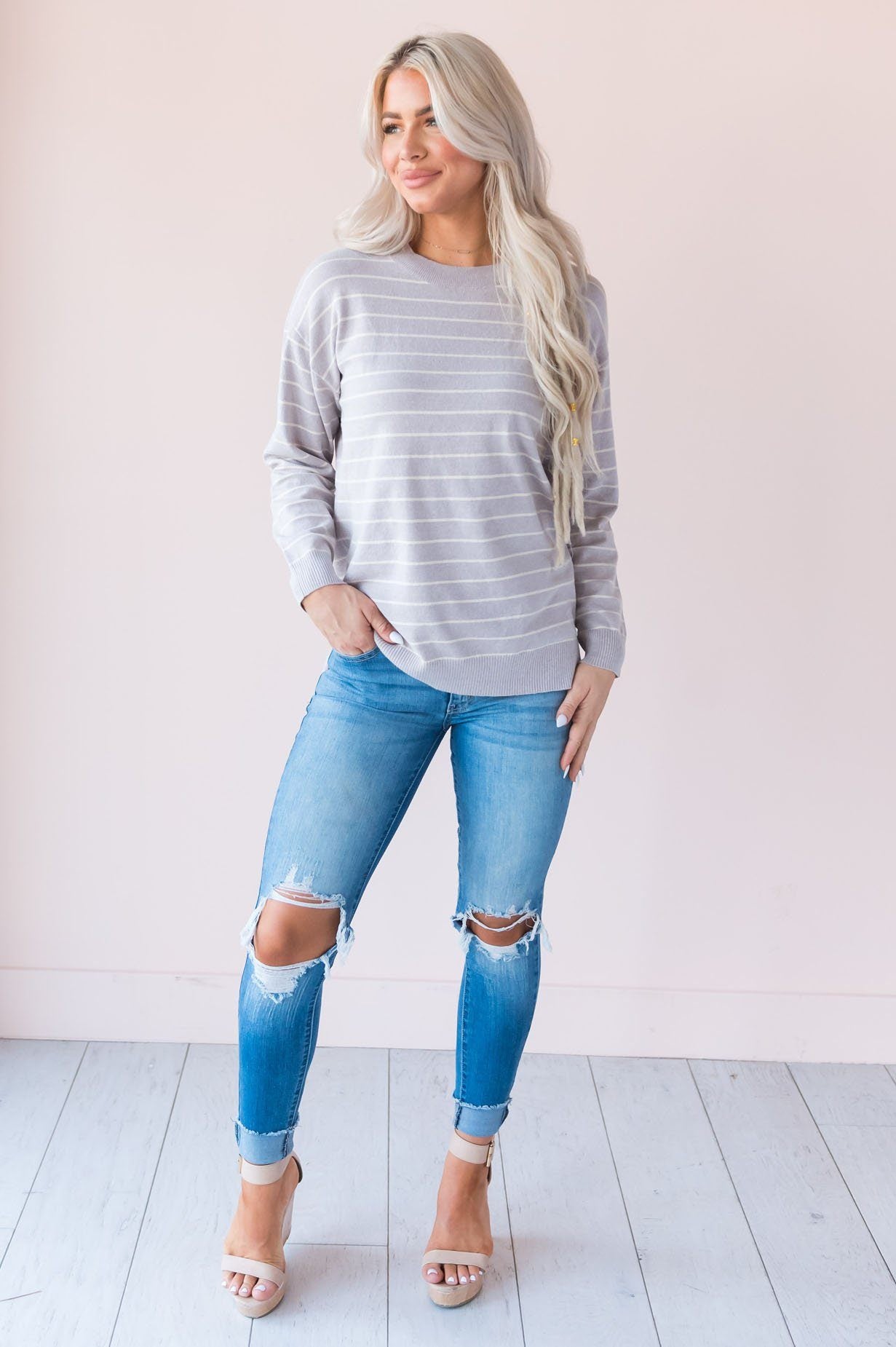 Striped Staple Modest Sweater Tops vendor-unknown
