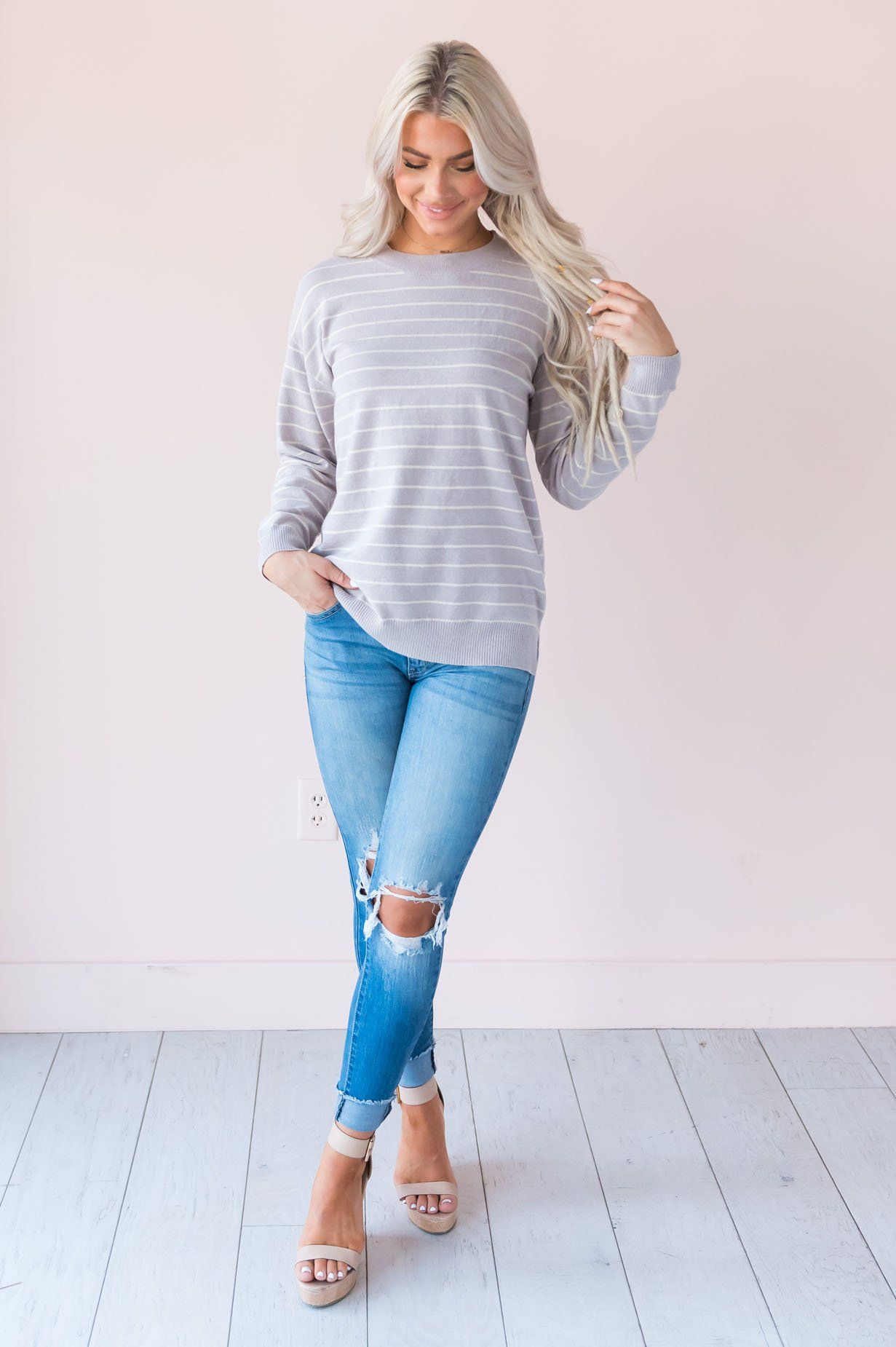 Striped Staple Modest Sweater Tops vendor-unknown