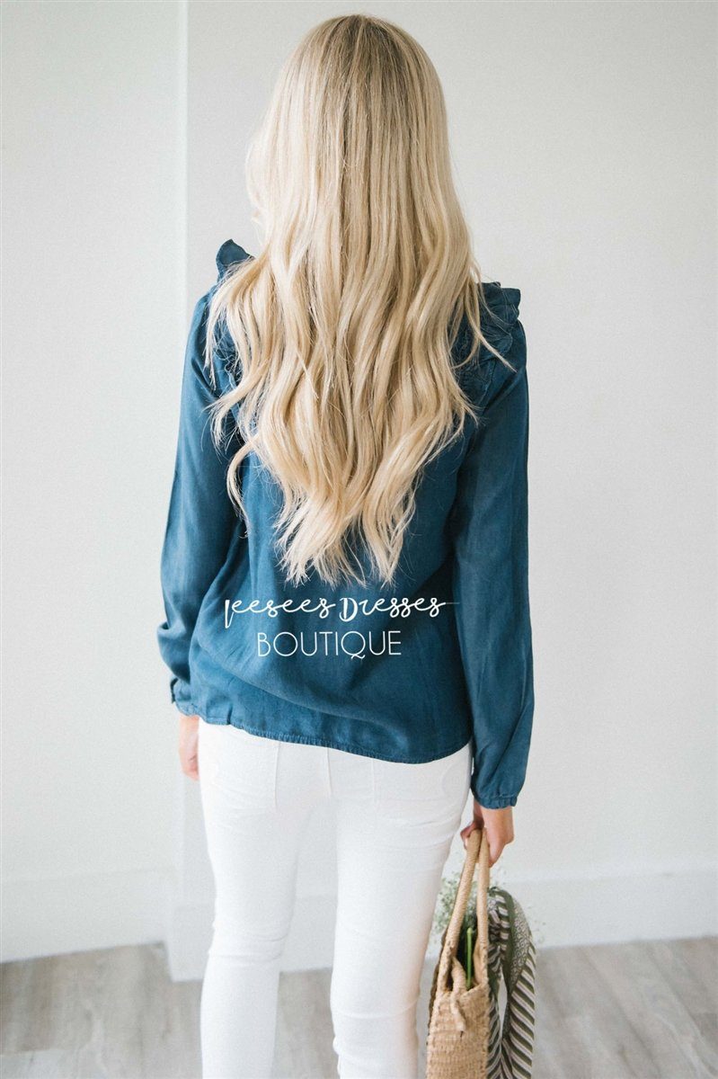 Ruffle Shoulder Long Sleeve Chambray Top Tops vendor-unknown