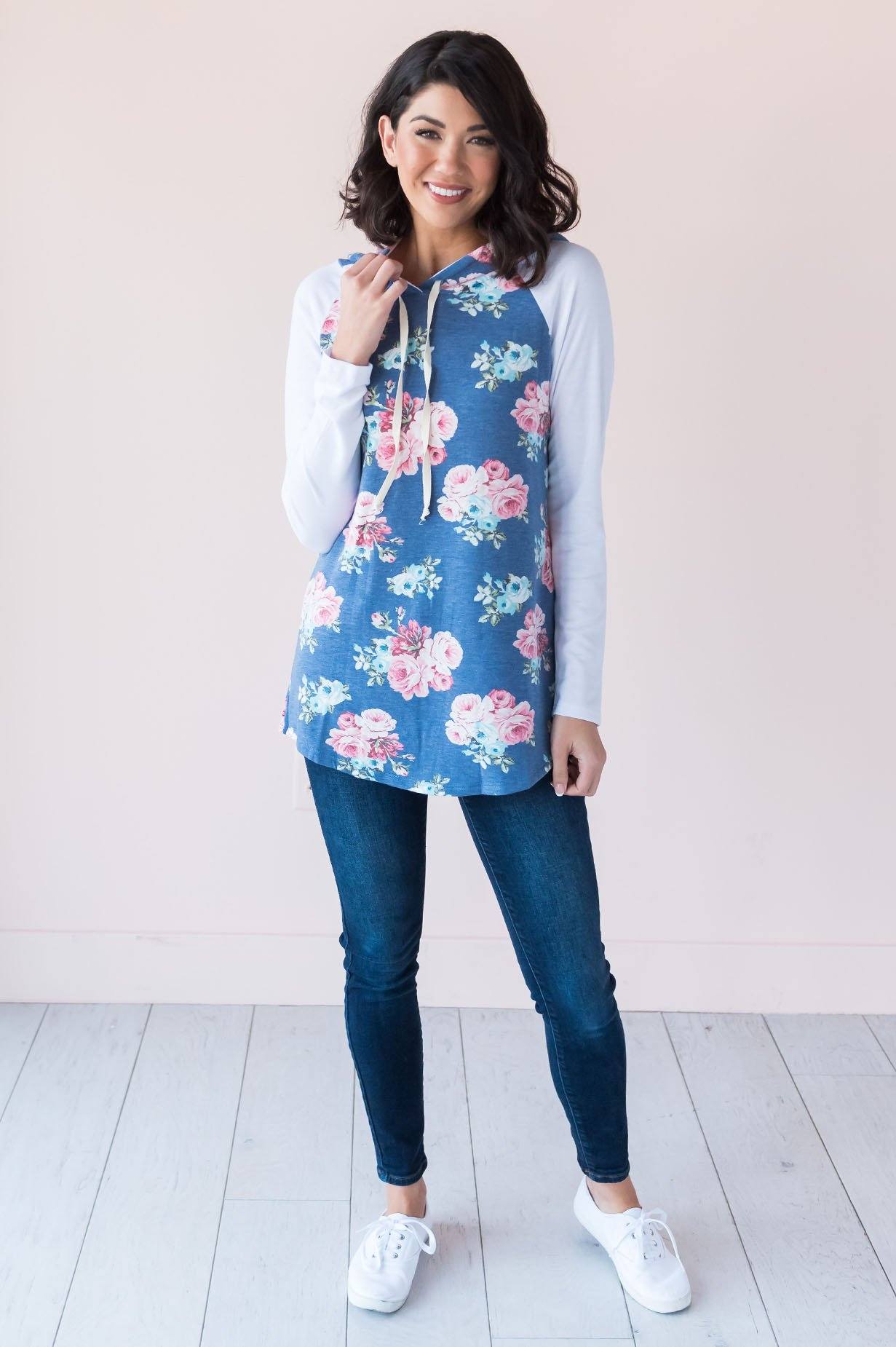 Sweetheart Floral Modest Hoodie Tops vendor-unknown