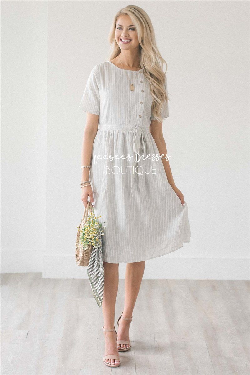 The Kaia Modest Dresses vendor-unknown Light Gray & Ivory Striped S