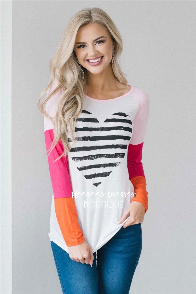 Striped Heart Top Tops vendor-unknown White S