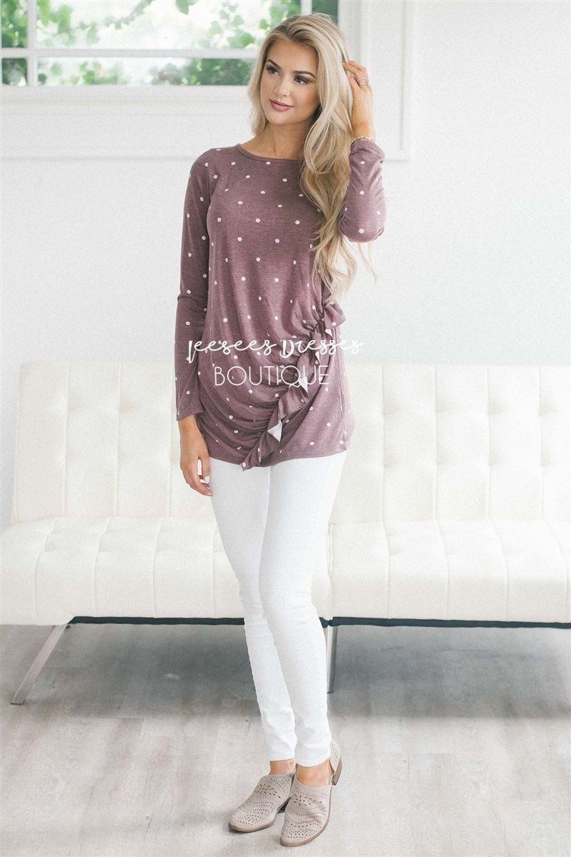 Polka Dot Ruffle Front Long Sleeve Top Tops vendor-unknown