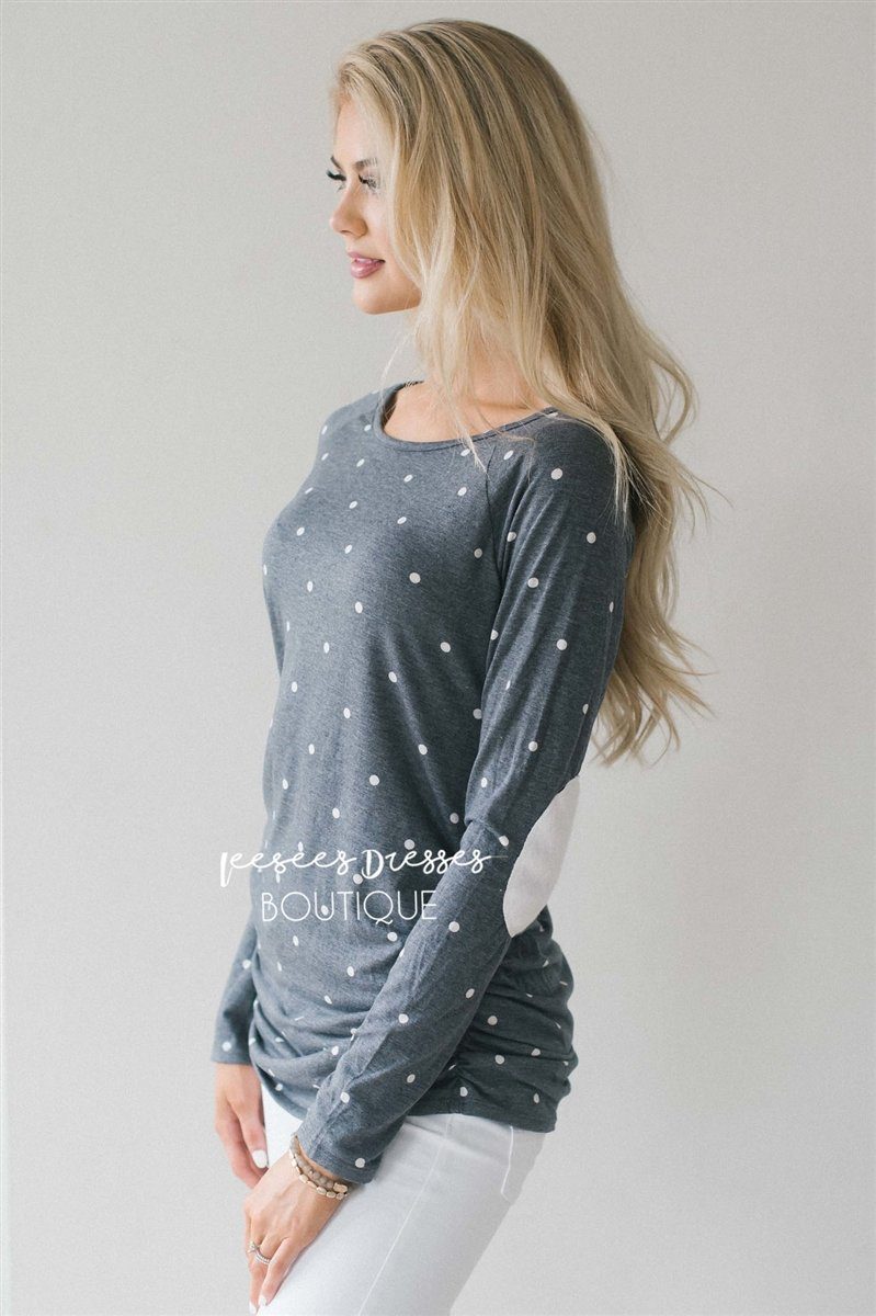 Elbow Patch Polka Dot Side Shirred Top Tops vendor-unknown