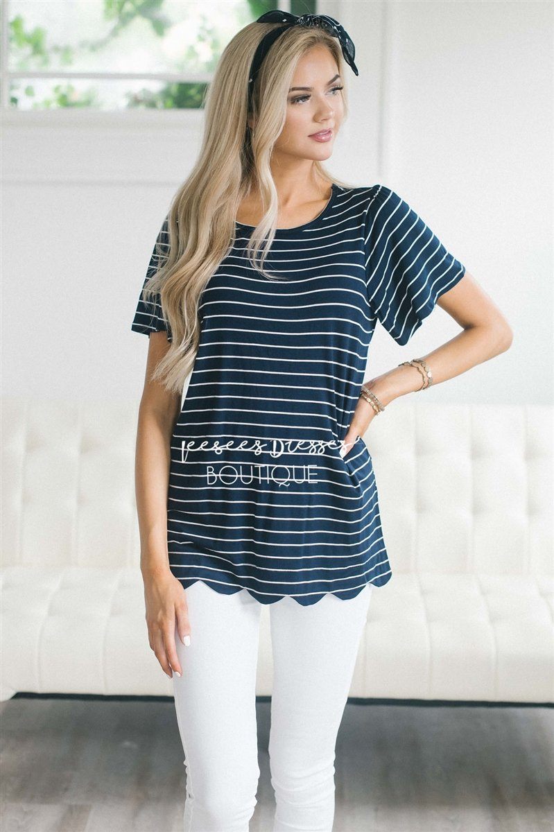 Striped Scallop Hem Top Tops vendor-unknown S Navy & White Stripes