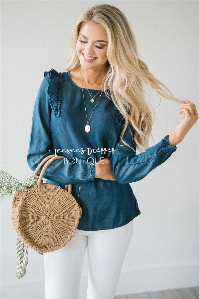Ruffle Shoulder Long Sleeve Chambray Top Tops vendor-unknown Dark Chambray XS