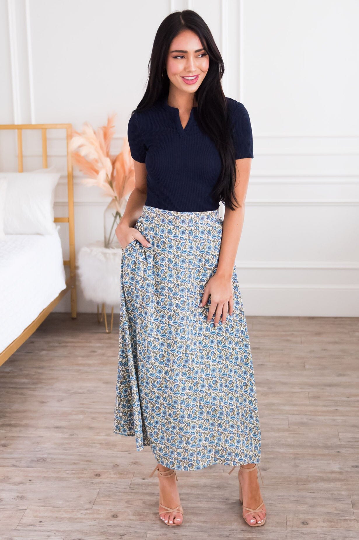 True Blue Blossom Modest Pocket Skirt Modest Dresses vendor-unknown