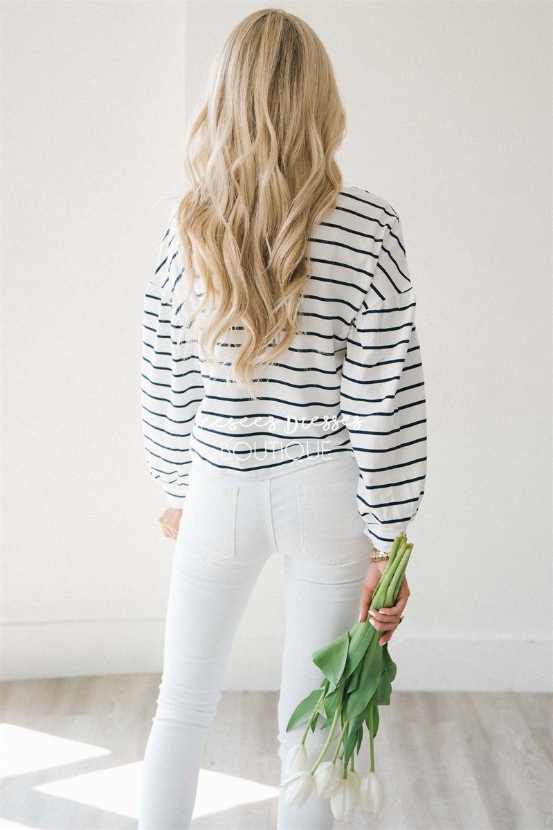 Striped Bubble Sleeve Top Tops vendor-unknown