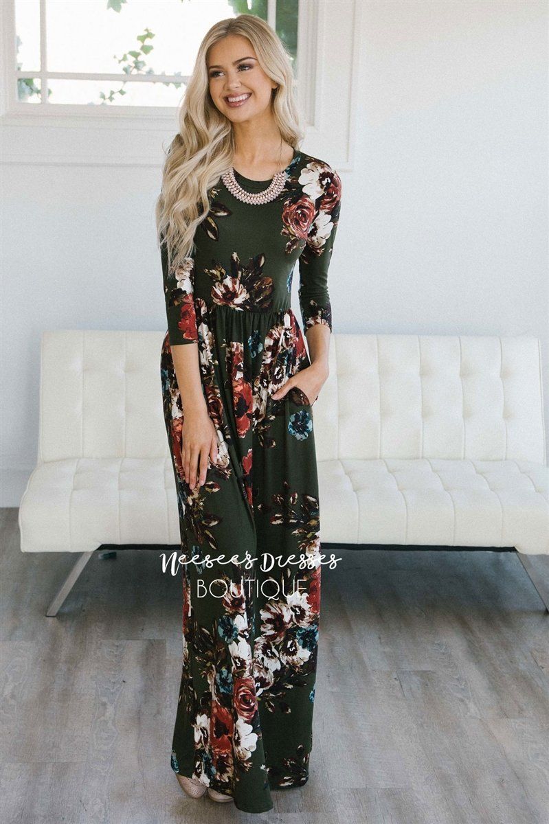 Olive Watercolor Floral Maxi Dress Modest Dresses vendor-unknown