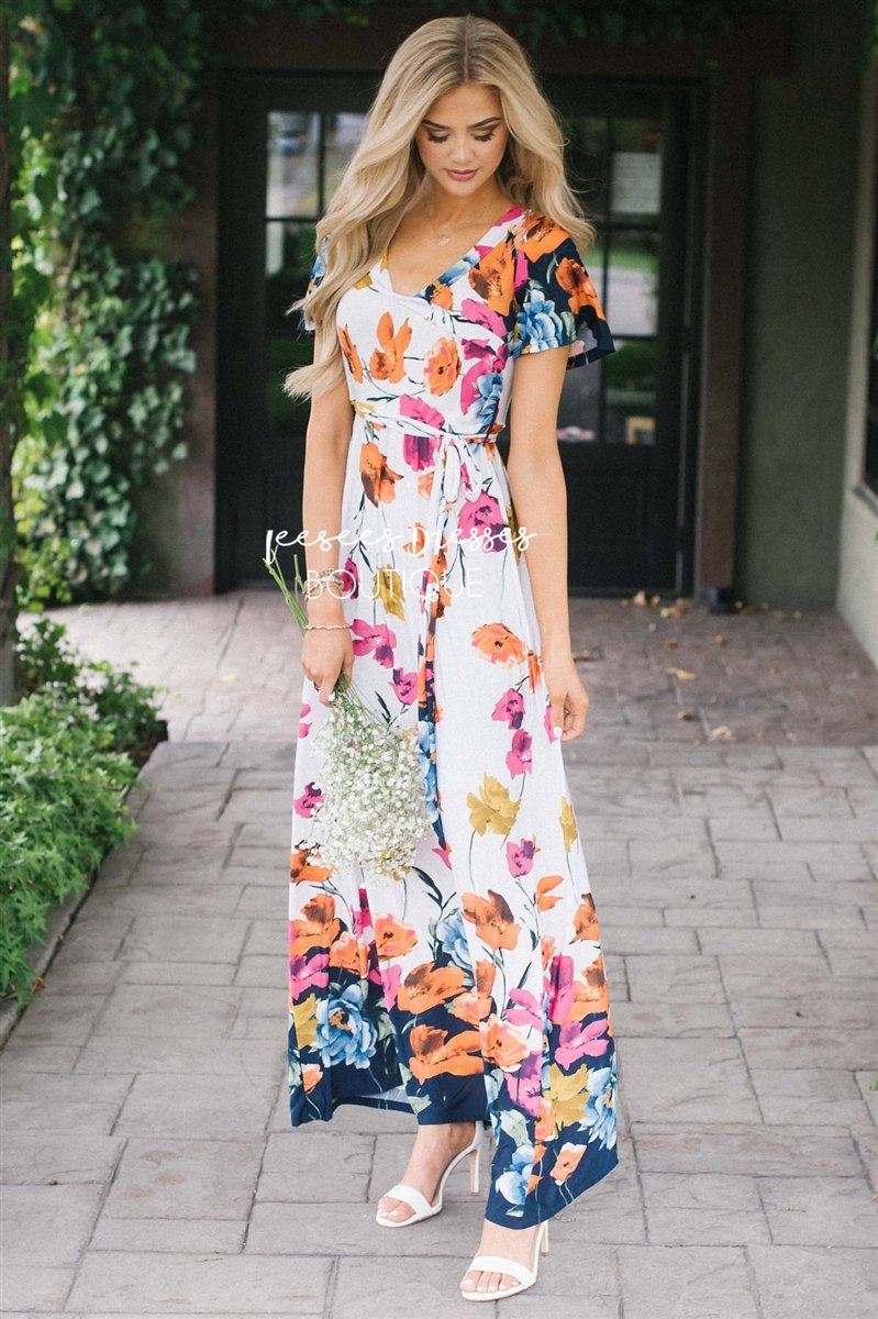 The Violet Modest Dresses vendor-unknown S Ivory with Fuchsia Tangerine & Navy Azalea Floral