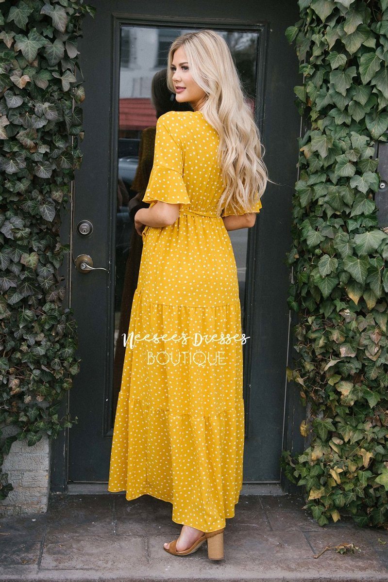 Polka Dot Flutter Sleeve Tiered Maxi Dress Modest Dresses vendor-unknown