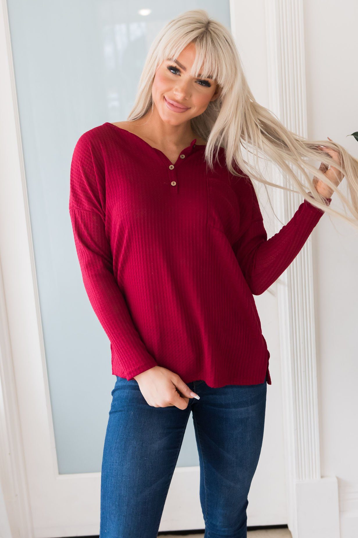 Midday Thoughts Waffle Knit Modest Blouse Modest Dresses vendor-unknown