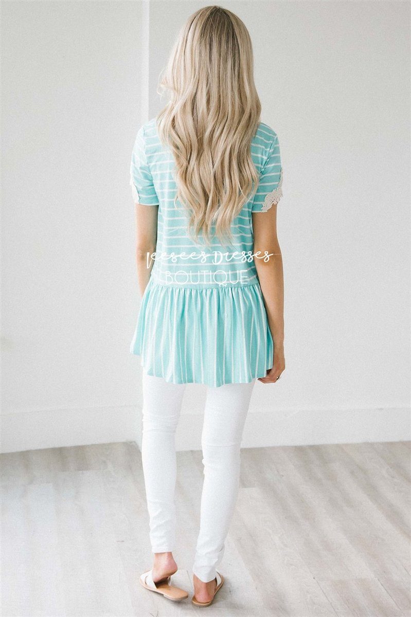 Striped Lace Trim Peplum Top Tops vendor-unknown