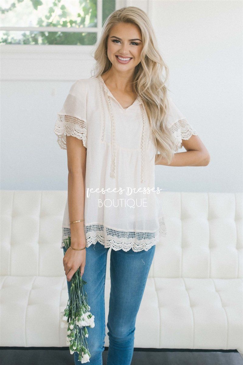 Baby Doll Lace Scallop Hem Blouse Tops vendor-unknown