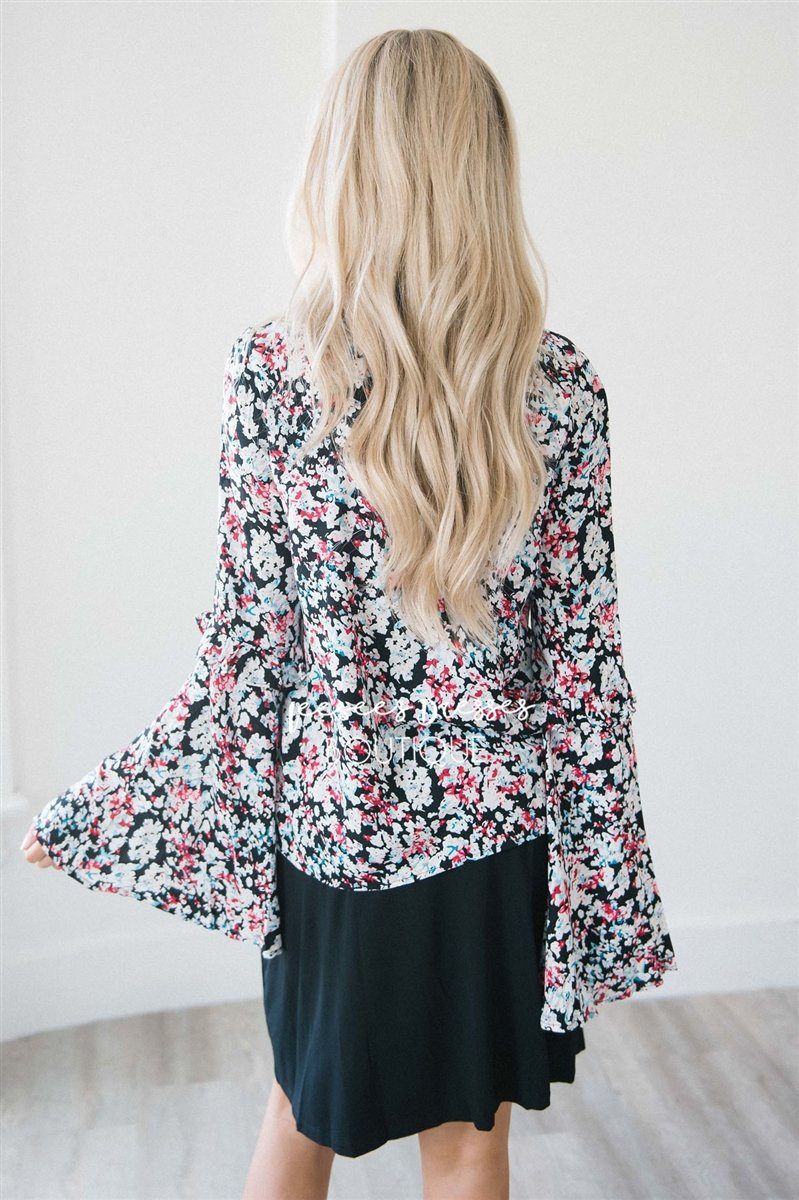 Long Bell Sleeve Ruffle Trim Top Tops vendor-unknown