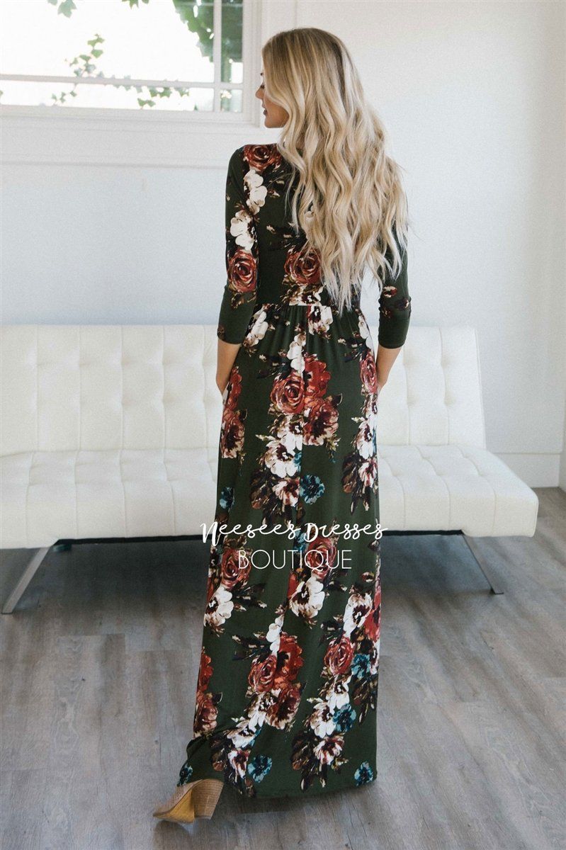 Olive Watercolor Floral Maxi Dress Modest Dresses vendor-unknown