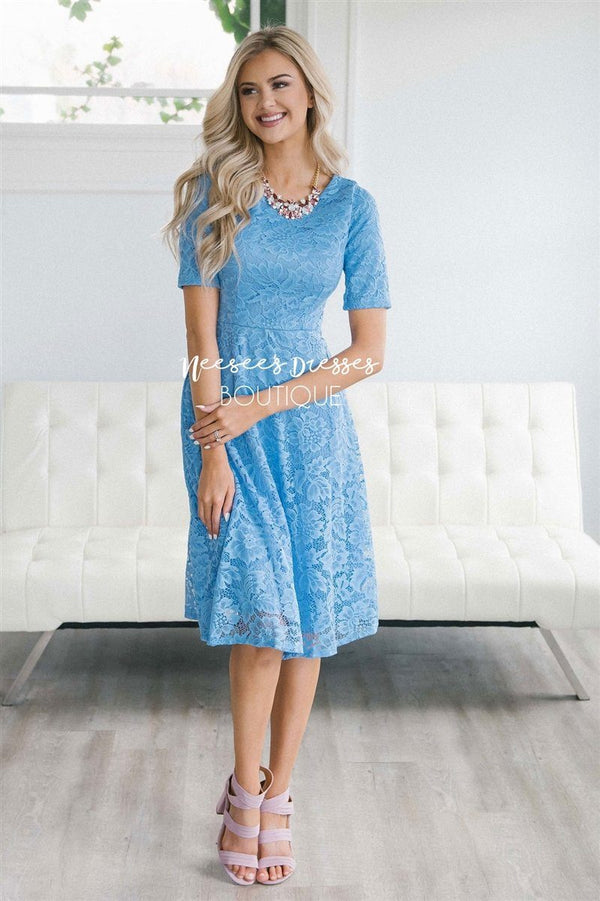 Cornflower Blue Lace Modest Dress Modest Bridesmaids Dresses with Sleeves Modest Dresses and