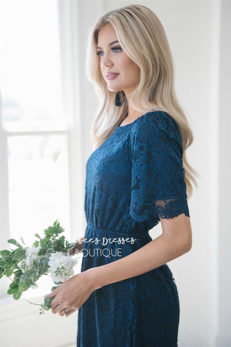 Navy Scallop Lace Dress Modest Dresses vendor-unknown