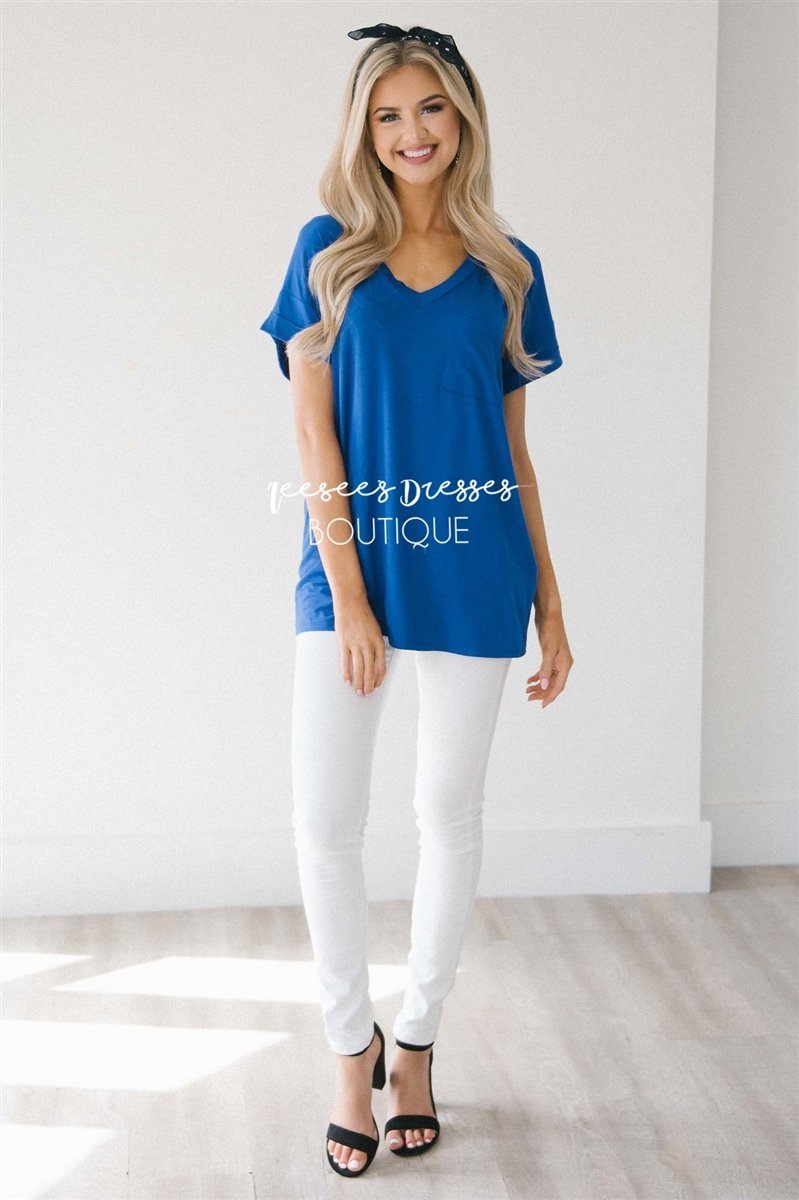 Short Sleeve Front Pocket V Neck Tee Tops vendor-unknown