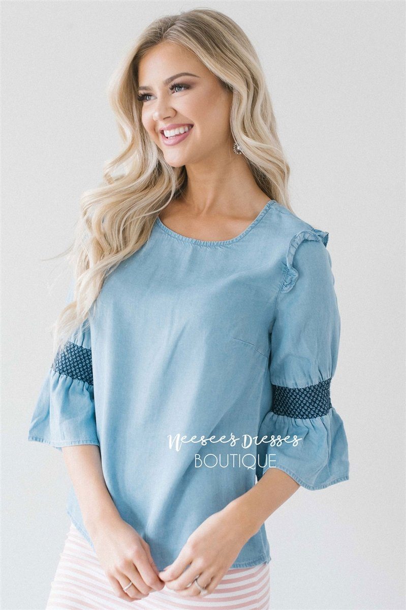 Light Blue Chambray Bell Sleeve Top Tops vendor-unknown