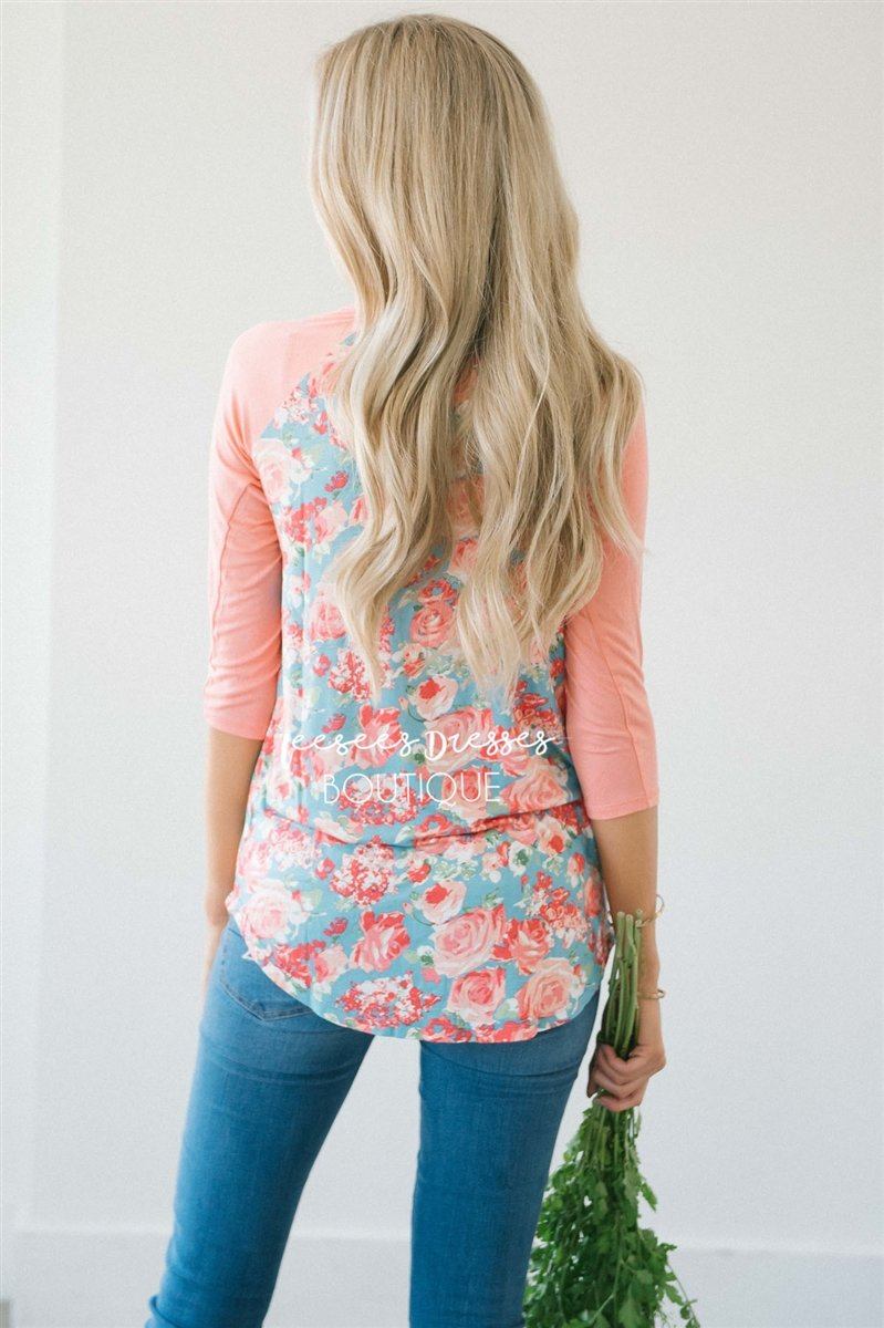 Rose Blossom Baseball Sleeve Top Tops vendor-unknown