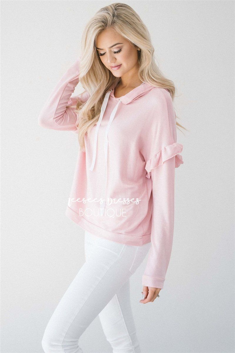 Ruffle Detail Long Sleeve Hoodie Tops vendor-unknown