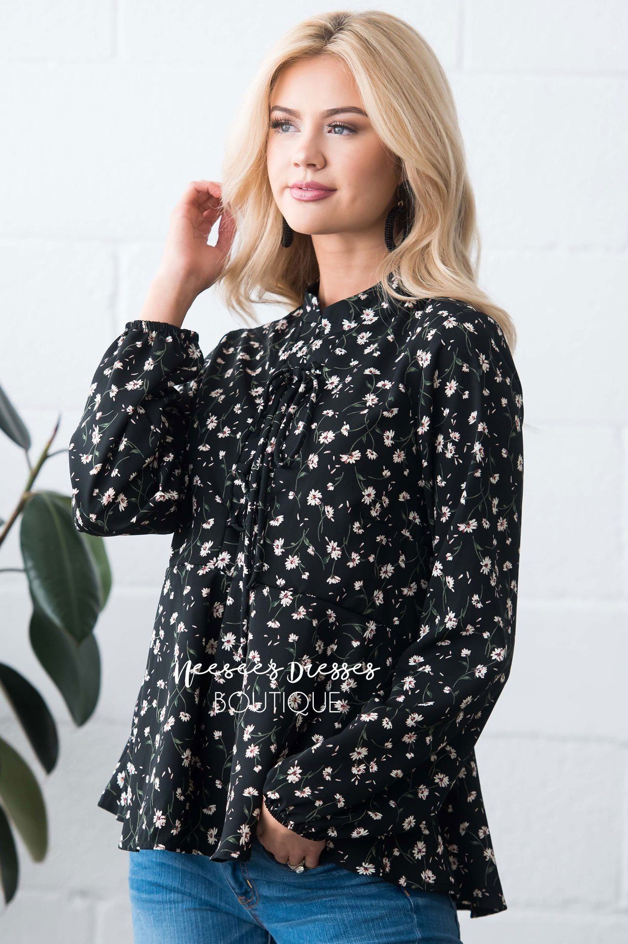 Lace Up Floral Peplum Blouse Modest Dresses vendor-unknown