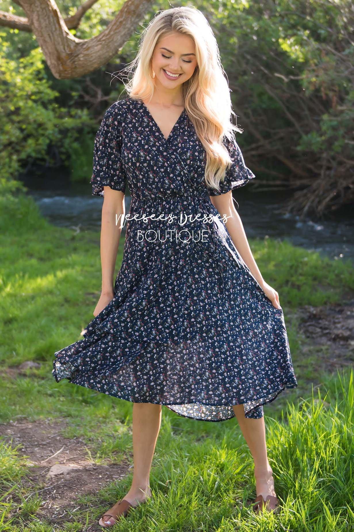 Deep Navy Mini Floral Modest Dress Best and Affordable Modest