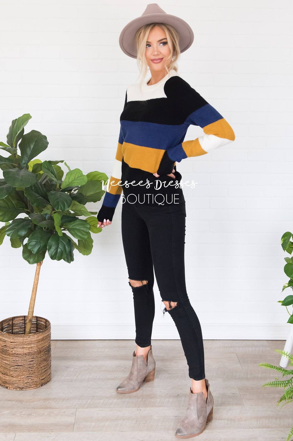 Stay Cozy Color Block Sweater Modest Dresses vendor-unknown