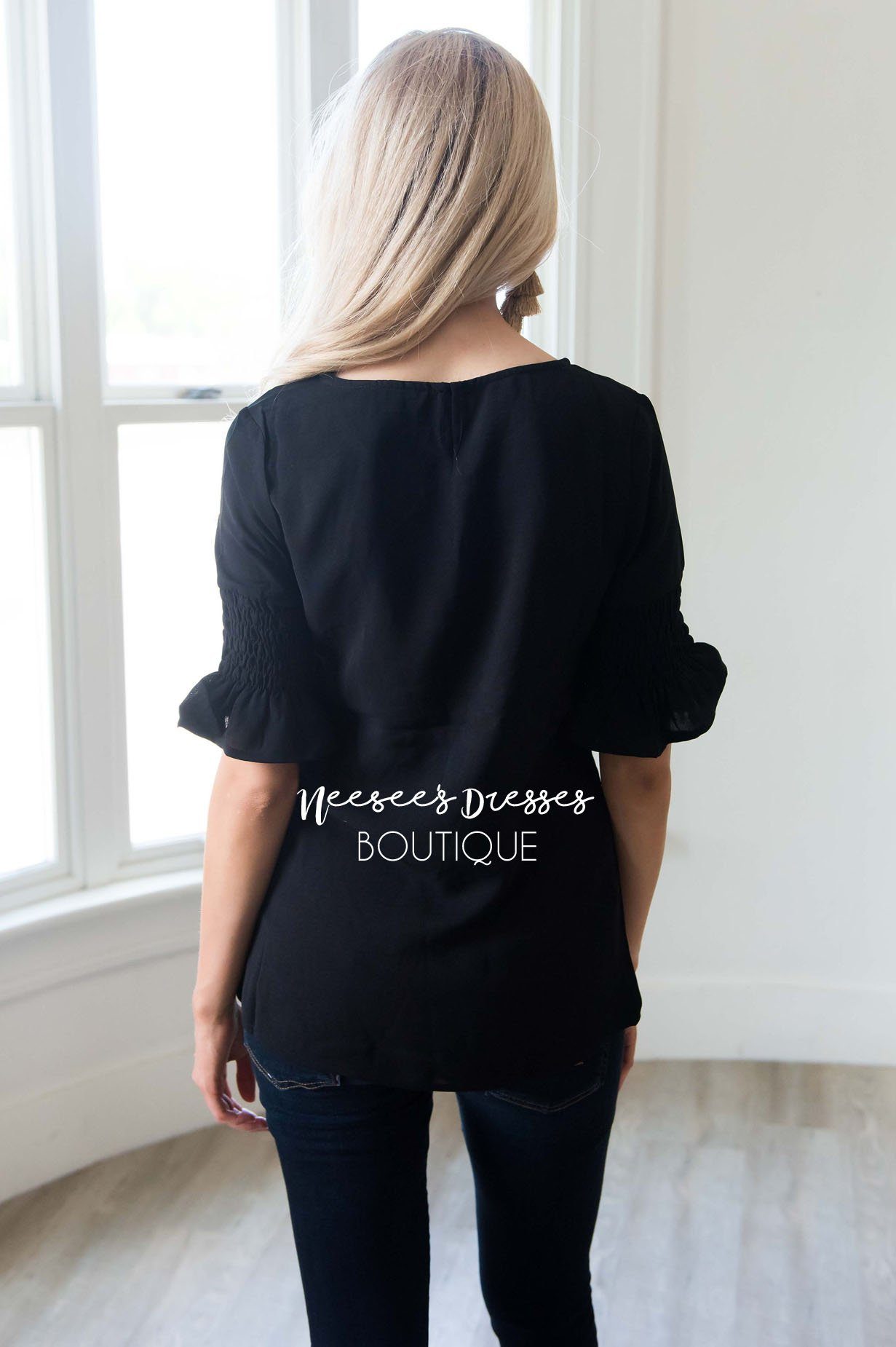 Something New Gathered Sleeve Top Modest Dresses vendor-unknown