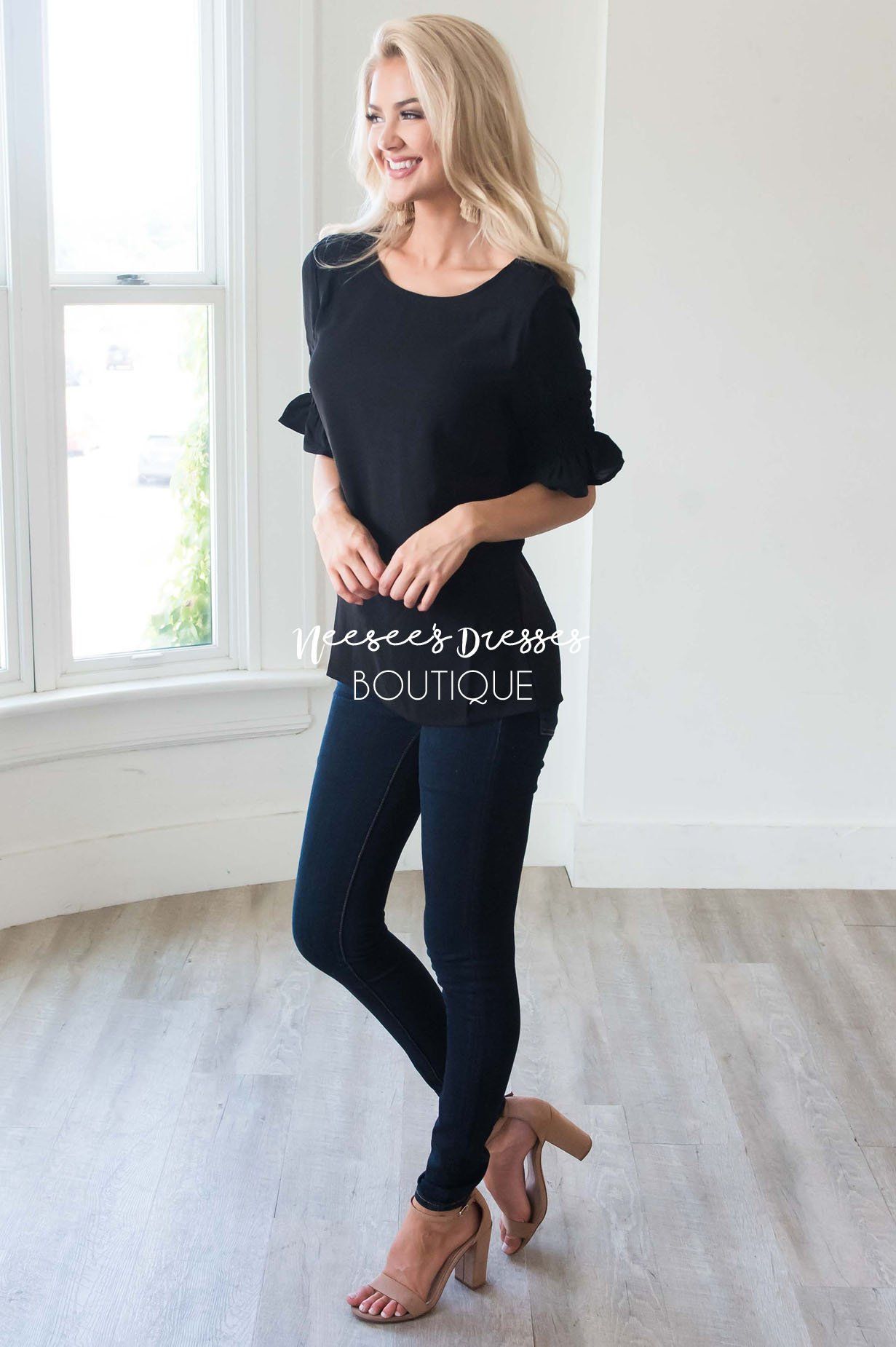 Something New Gathered Sleeve Top Modest Dresses vendor-unknown