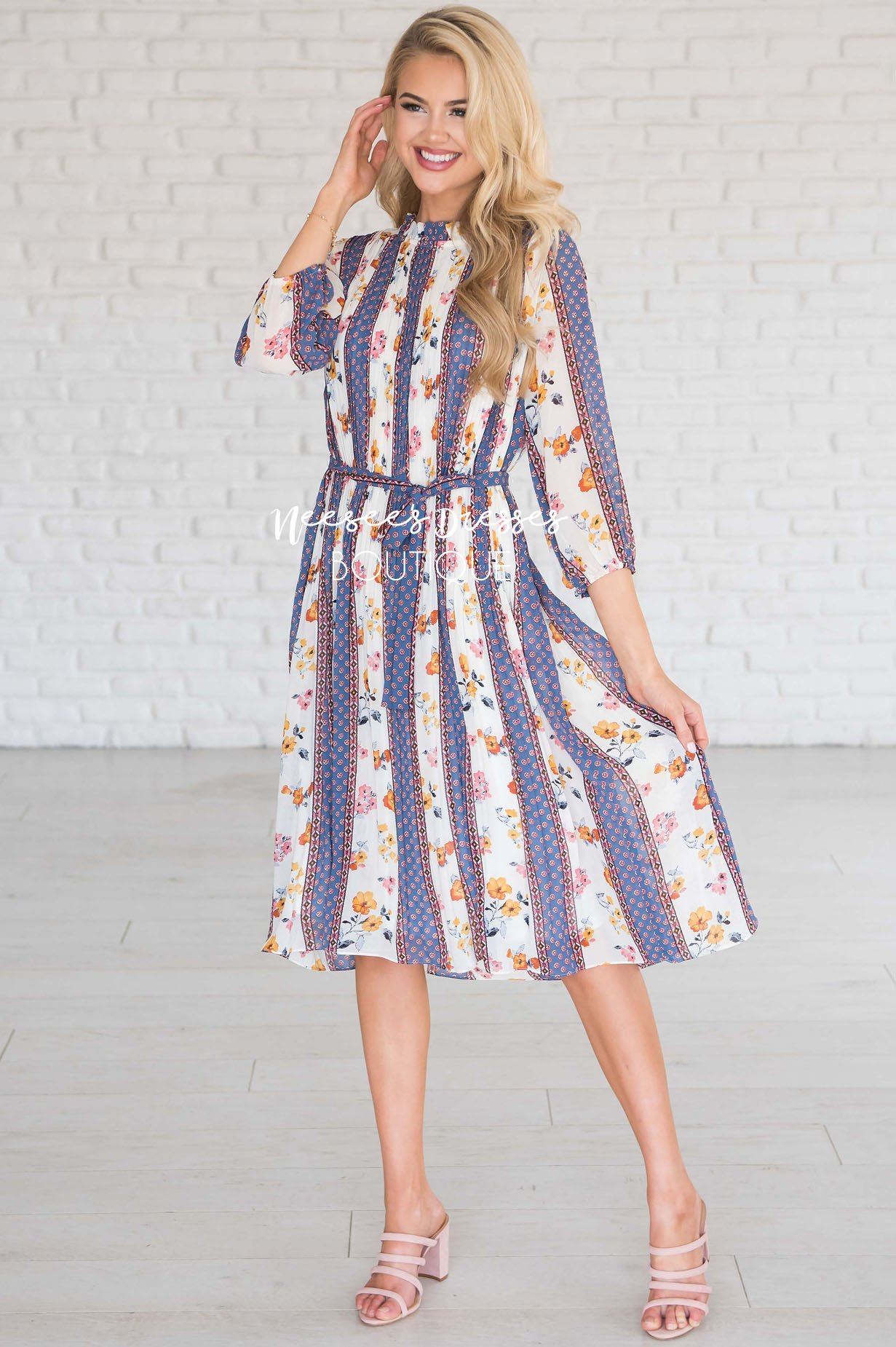Blue Striped Floral Modest Dresses vendor-unknown
