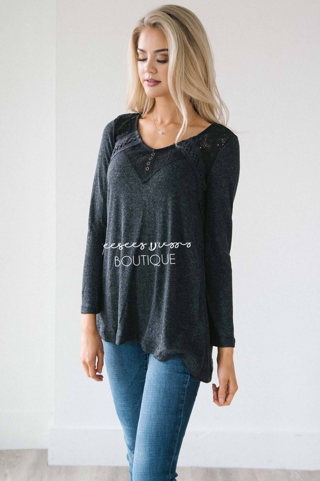 Lace Yoke Long Sleeve Thermal Tops vendor-unknown