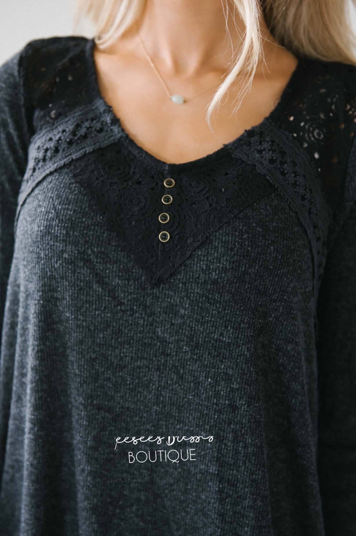 Lace Yoke Long Sleeve Thermal Tops vendor-unknown