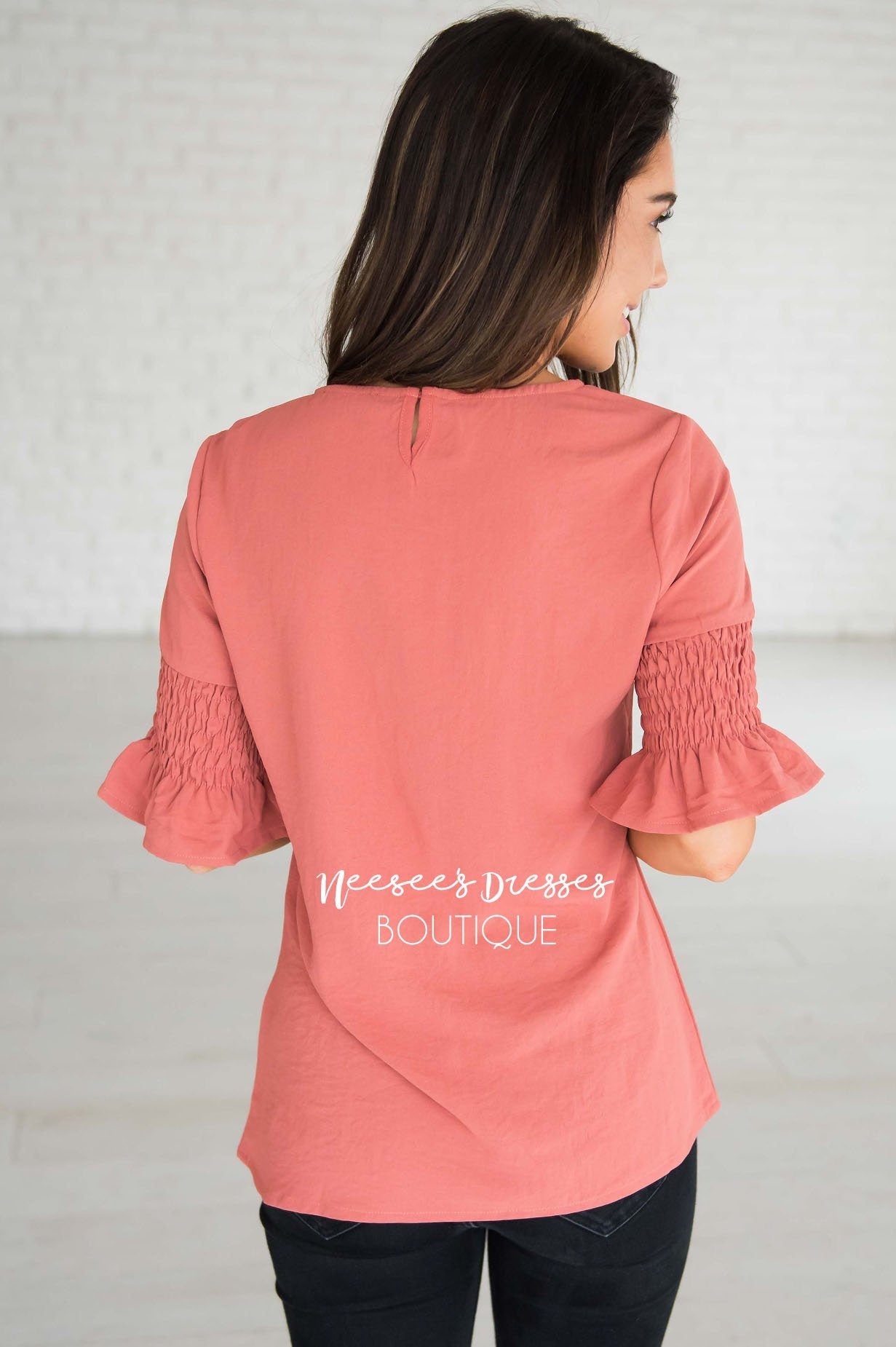 Something New Gathered Sleeve Top Modest Dresses vendor-unknown