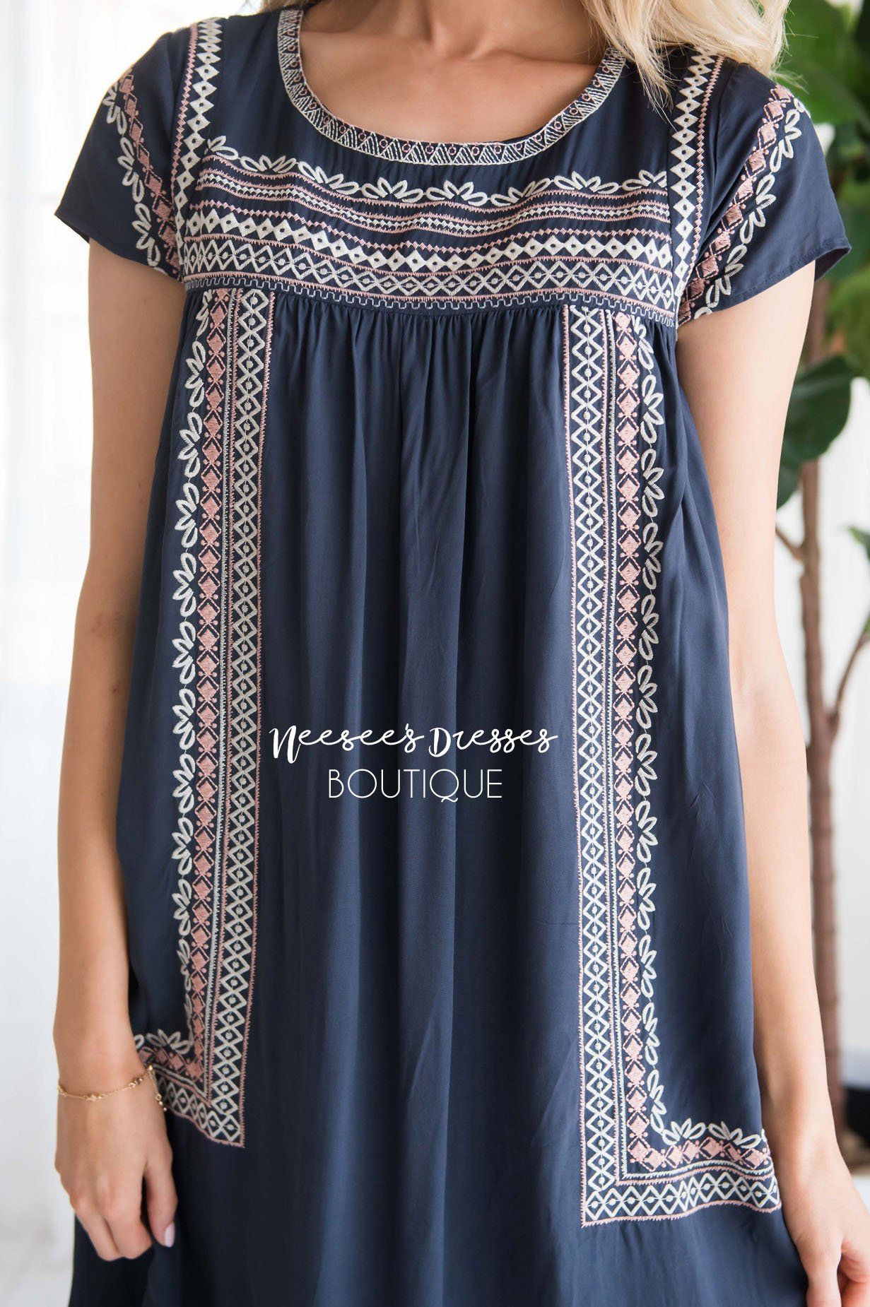 Navy Embroidered Modest Dresses vendor-unknown