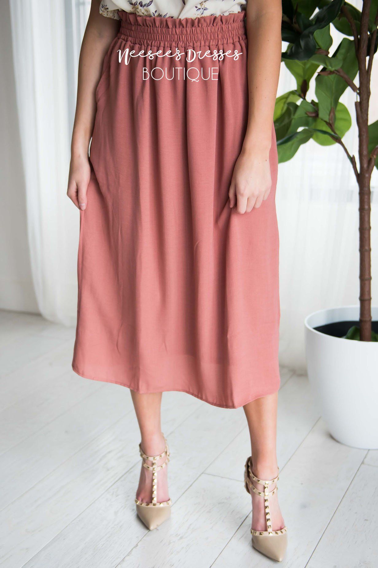 Dusty Rose Smock Waist Skirt Modest Dresses vendor-unknown