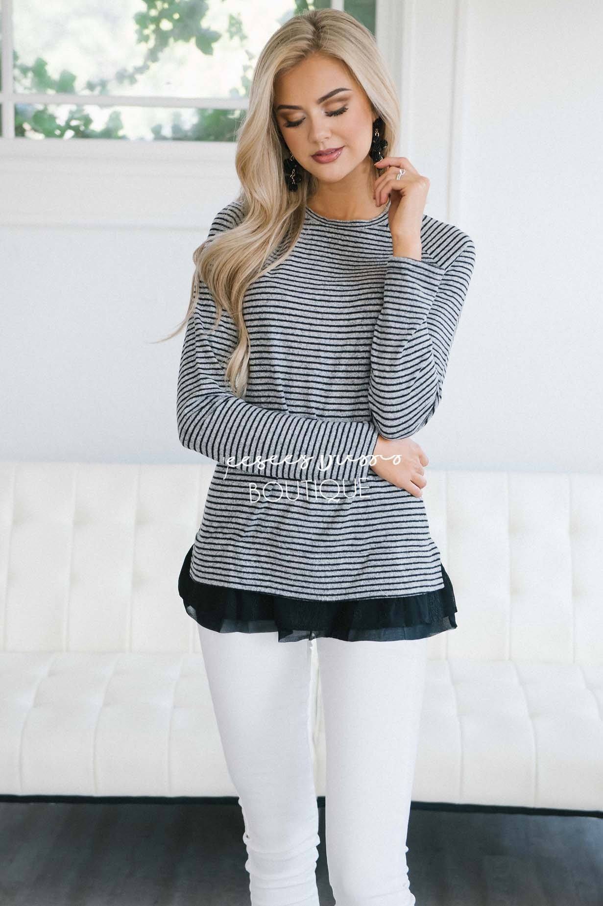 So Soft Lace Ruffle Hem Sweater Tops vendor-unknown
