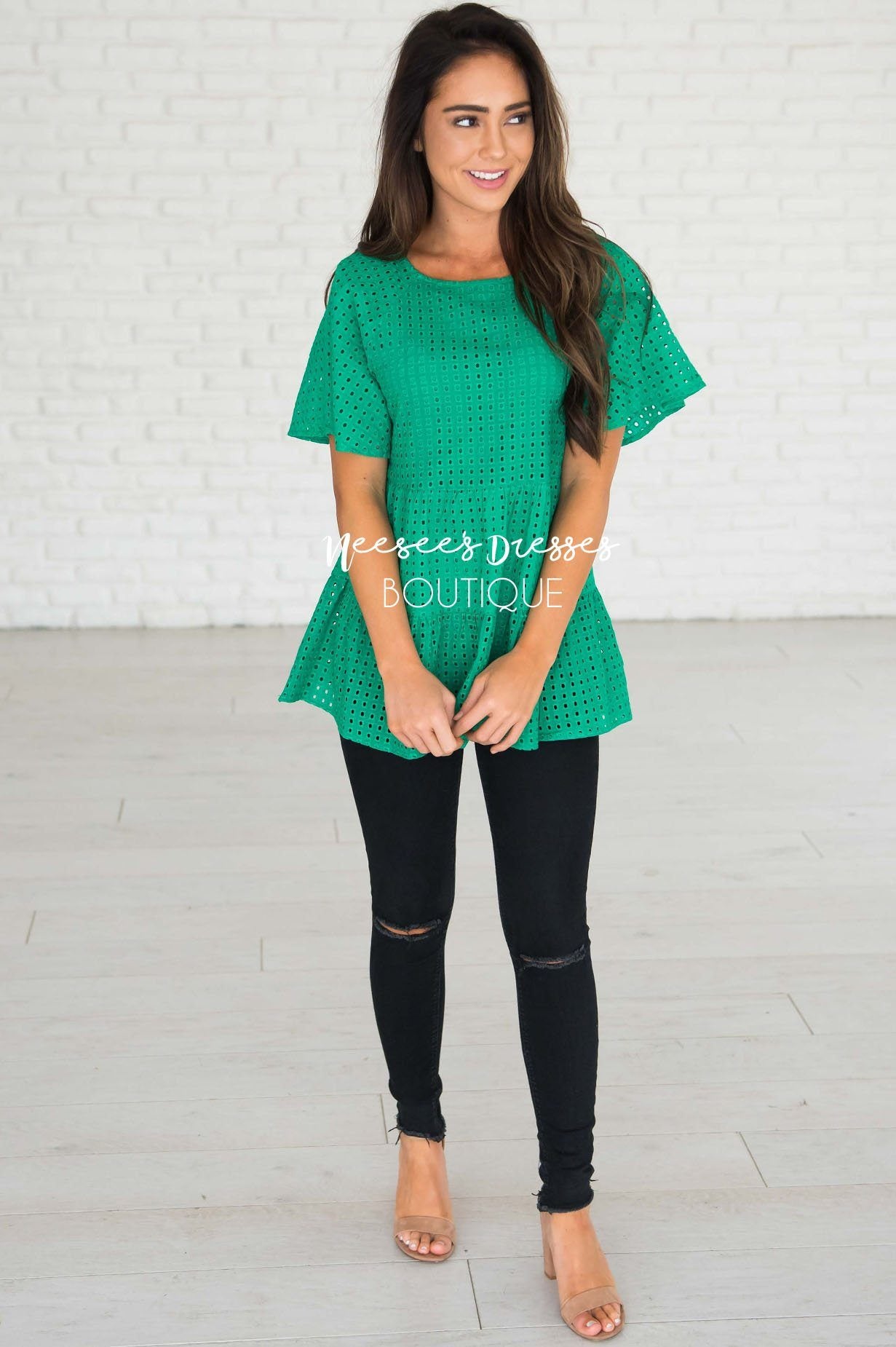 Escape The Ordinary Eyelet Top Modest Dresses vendor-unknown
