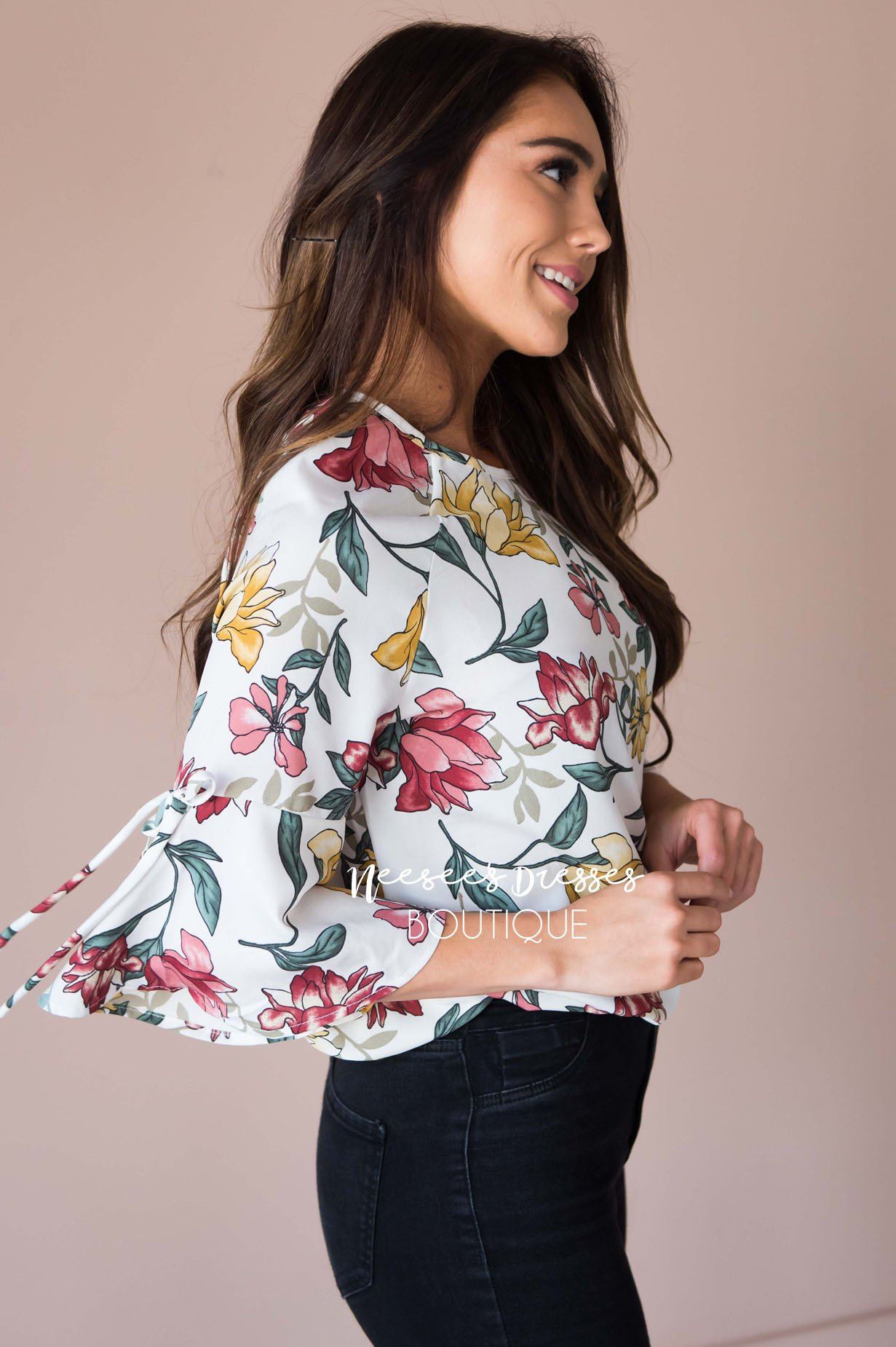 Falling For Floral Bell Sleeve Top Modest Dresses vendor-unknown