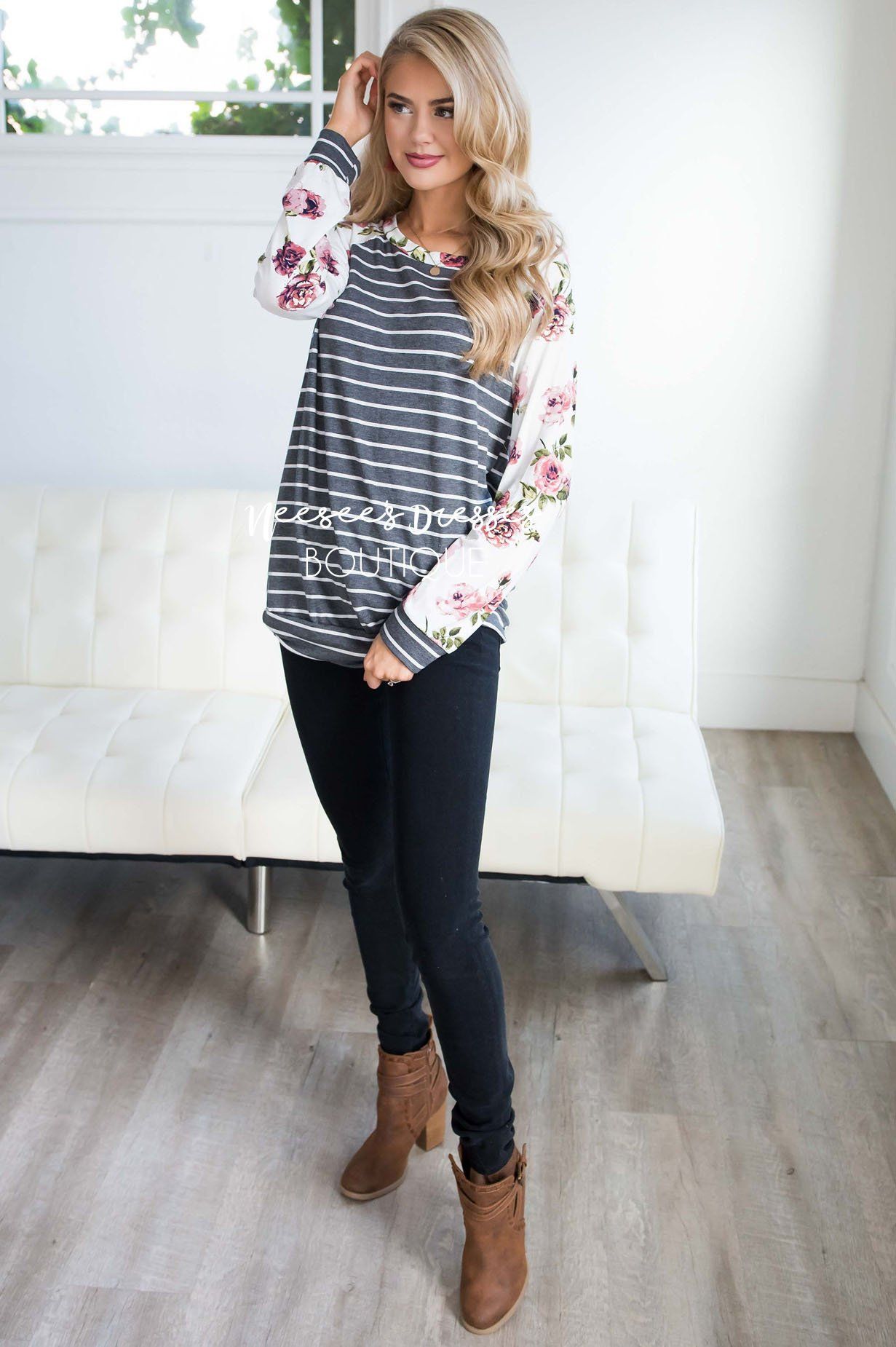 Floral Sleeve & Striped Top Tops vendor-unknown