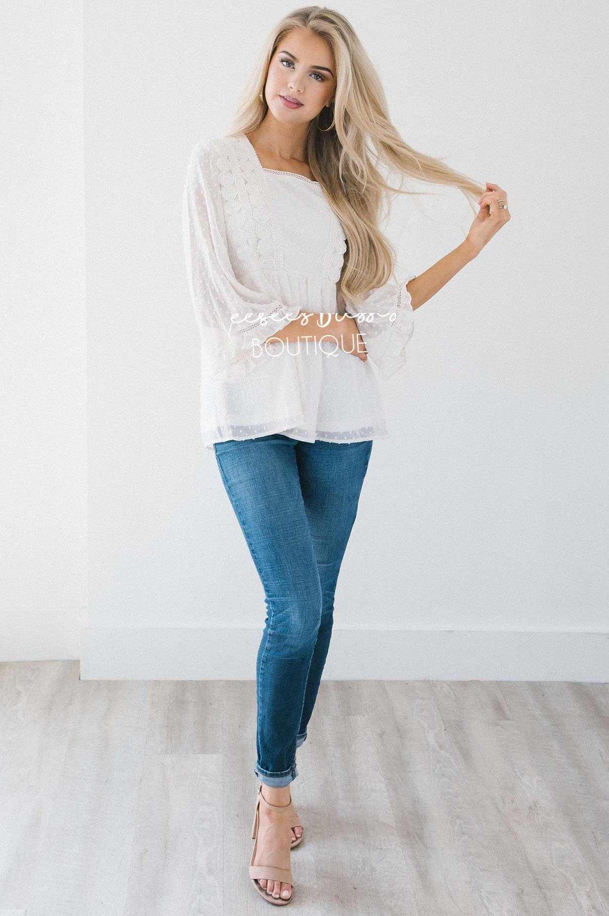 Dotted Crochet Trim Gathered Waist Blouse Tops vendor-unknown