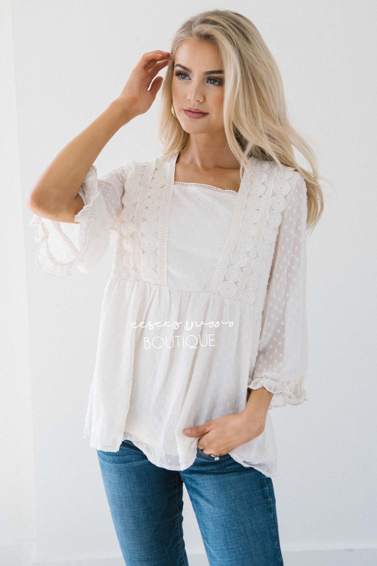 Dotted Crochet Trim Gathered Waist Blouse Tops vendor-unknown
