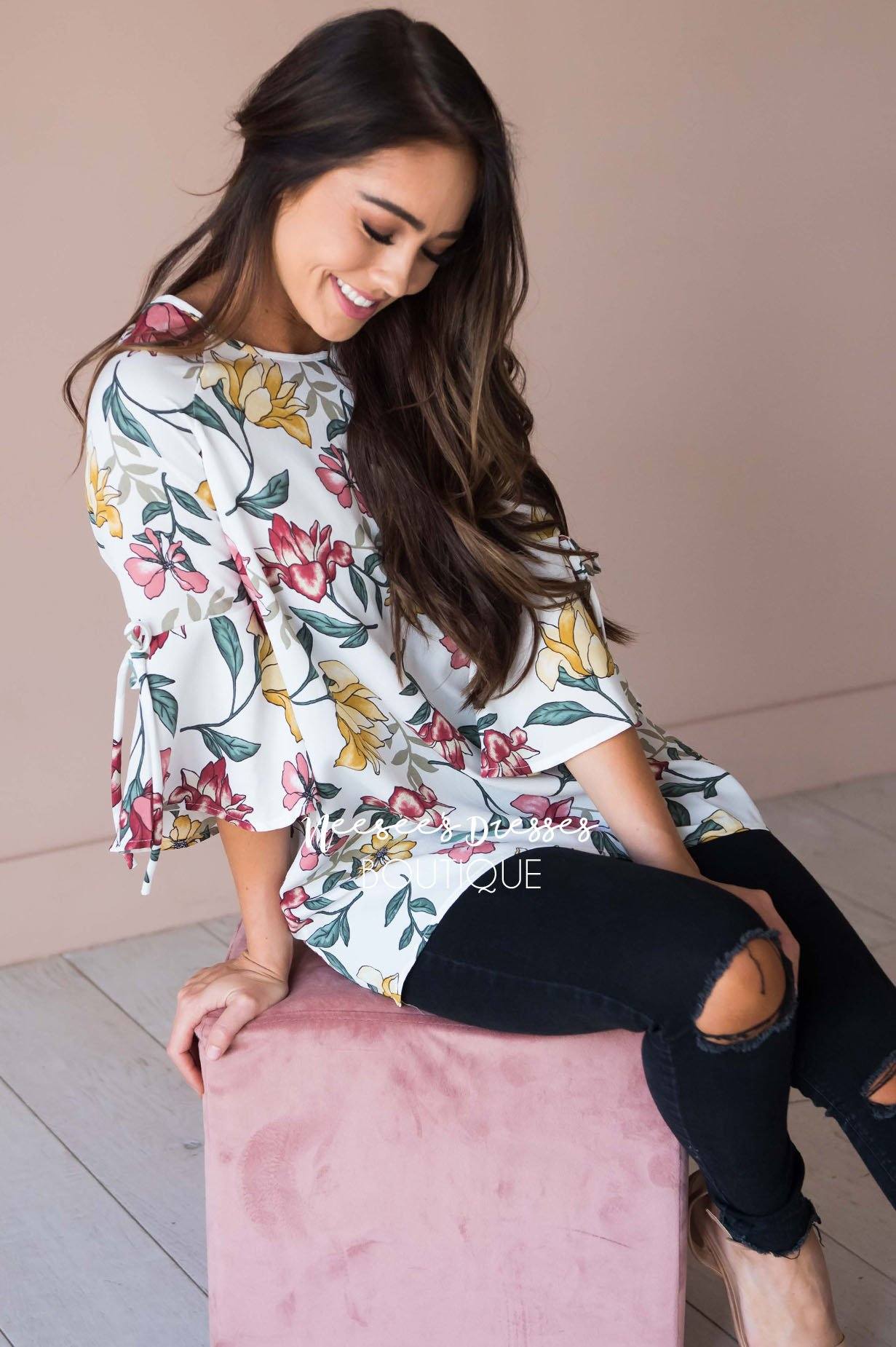 Falling For Floral Bell Sleeve Top Modest Dresses vendor-unknown