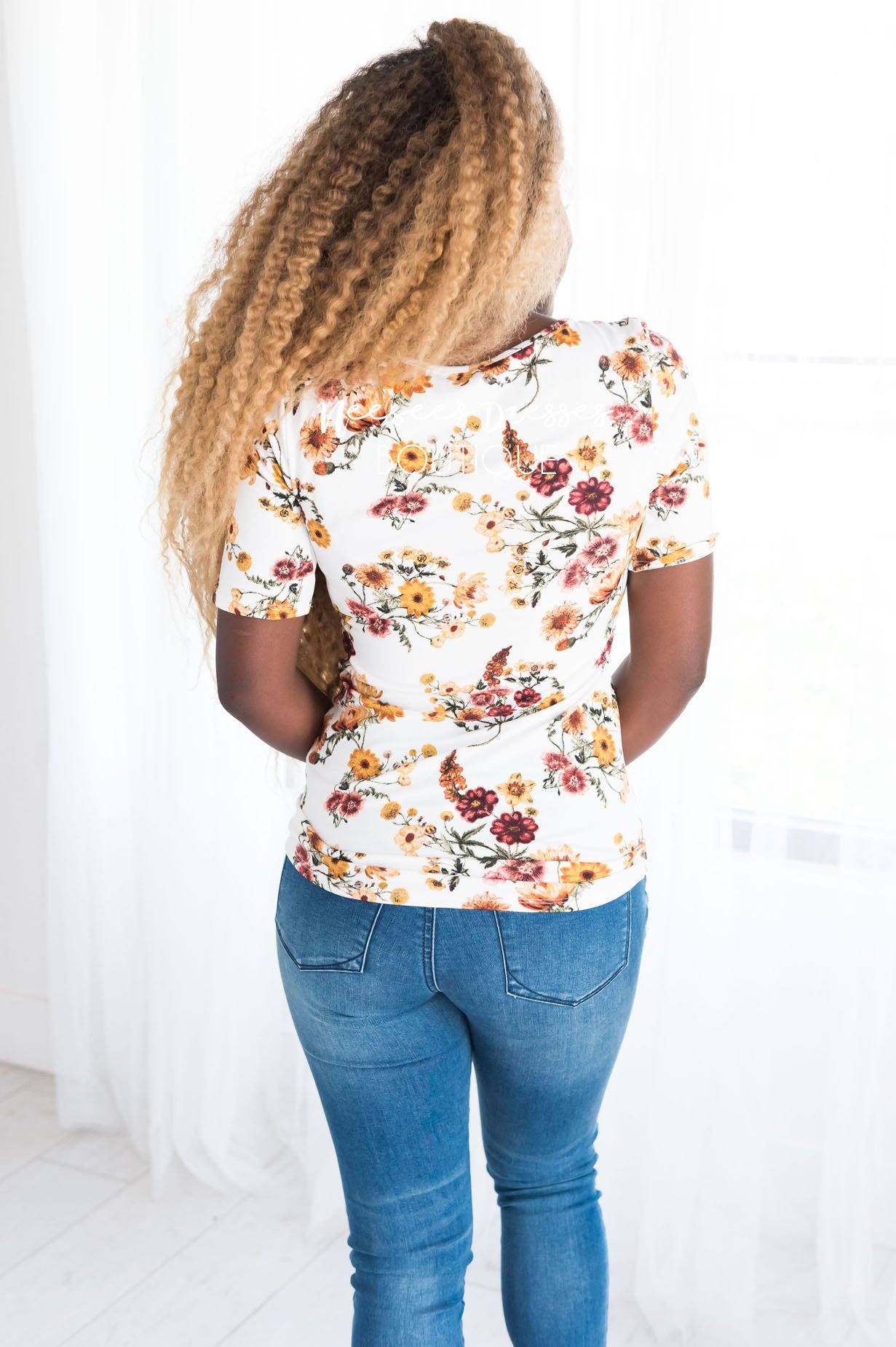 Floral Scoop Neck Tee Tops vendor-unknown