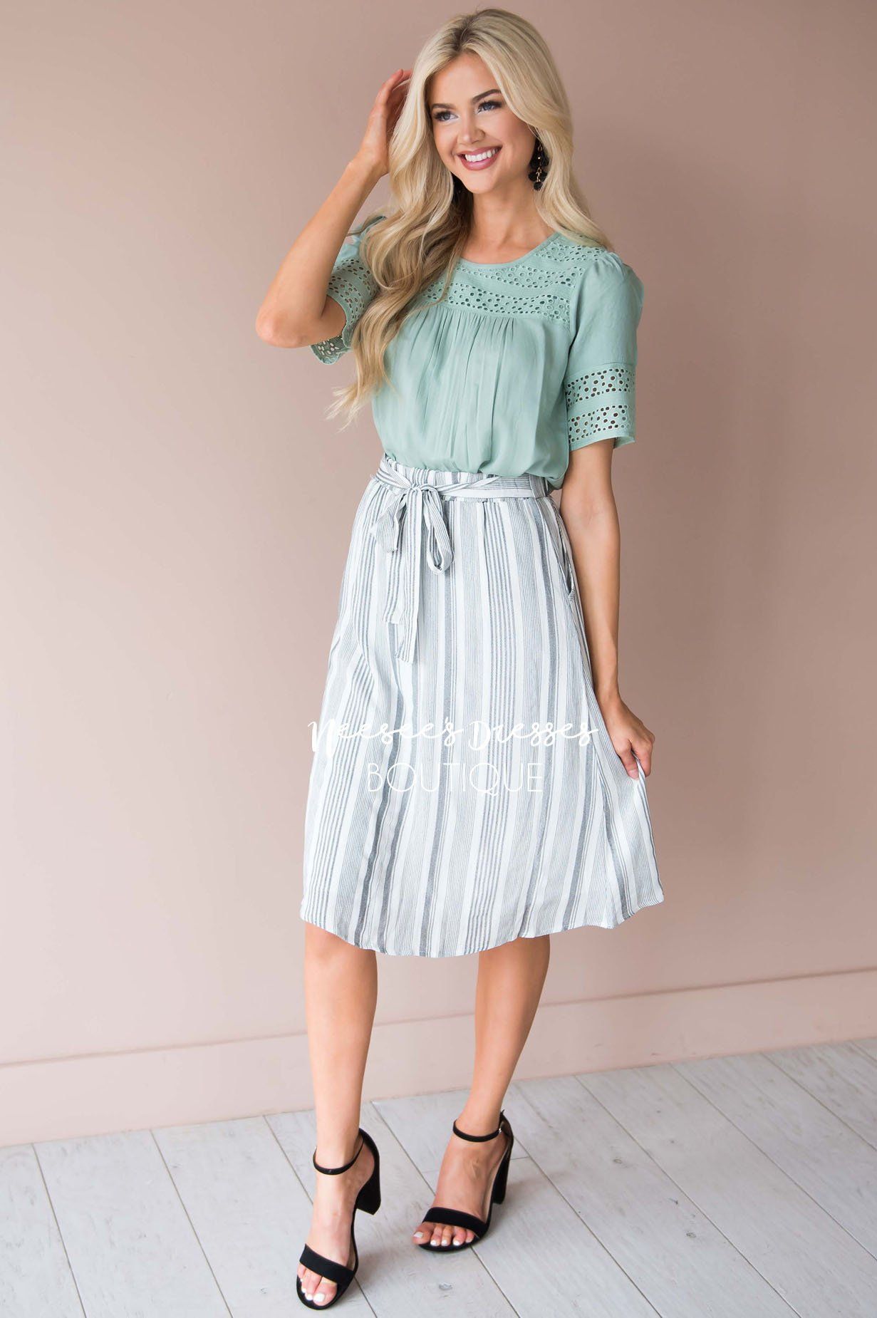 Striped Tie Front Skirt Modest Dresses vendor-unknown